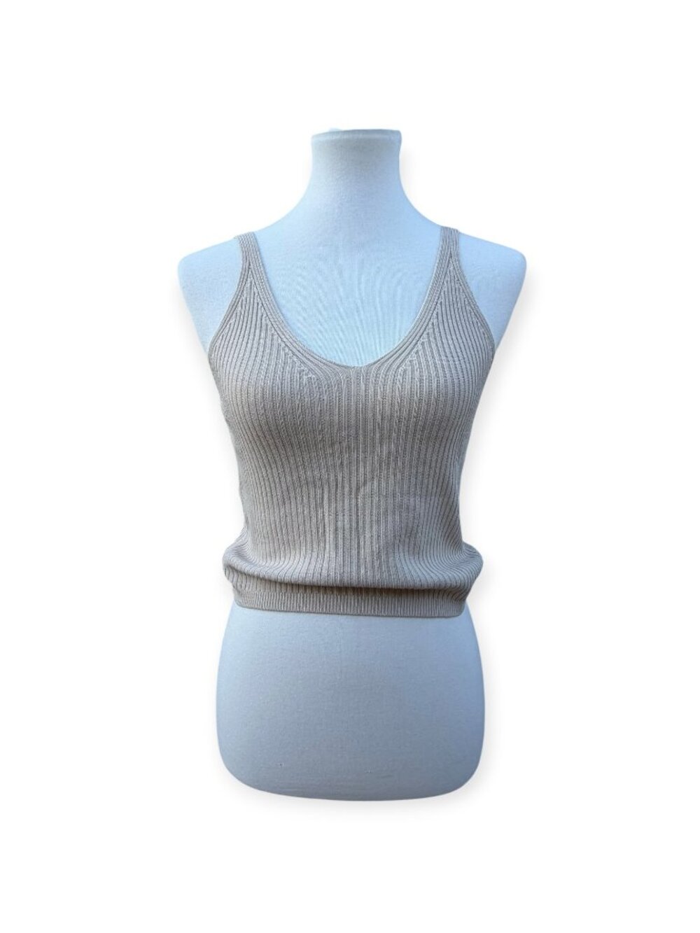 Women's Taupe Ribbed Knit Tank Top V Neck Sleeveless Stretch Made in Italy